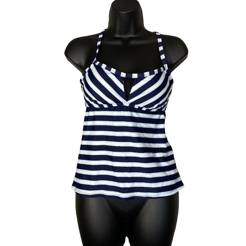 KONA Sol Dark Blue White Striped Padded Sleeveless Bikini Swimwear Top